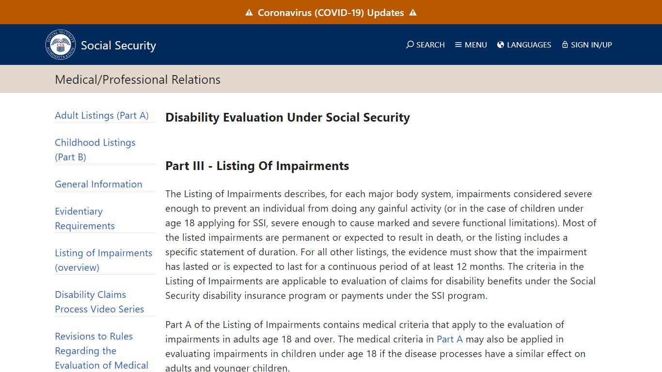 Part III - Listing of Impairments (Overview)